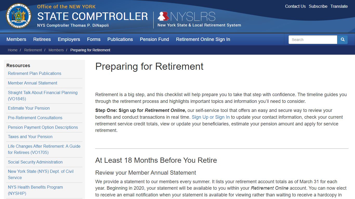 Preparing for Retirement | Office of the New York State Comptroller